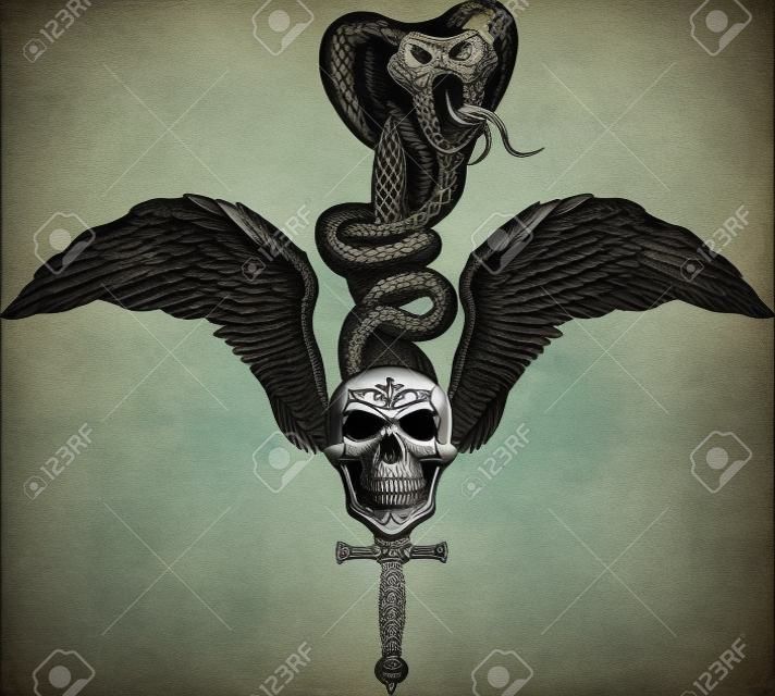 Gevleugelde schedel met zwaard en Snake Tattoo Cobra