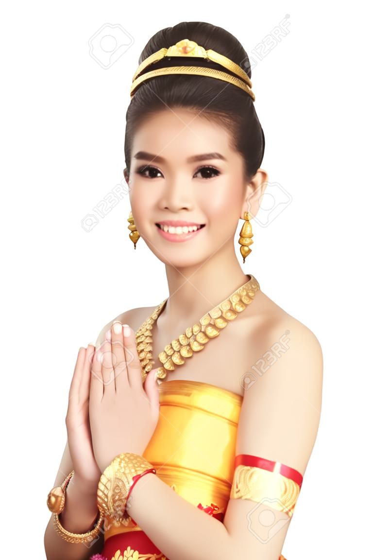mujer con vestido típico tailandés con aisladas sobre fondo blanco, la cultura de identidad de Tailandia