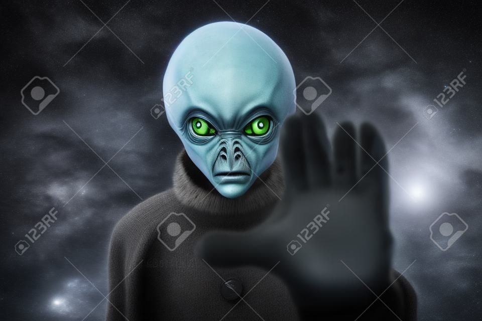 Obcy stwór ma przesłanie dla ludzi. Szary humanoid z innej serii portretów planet.