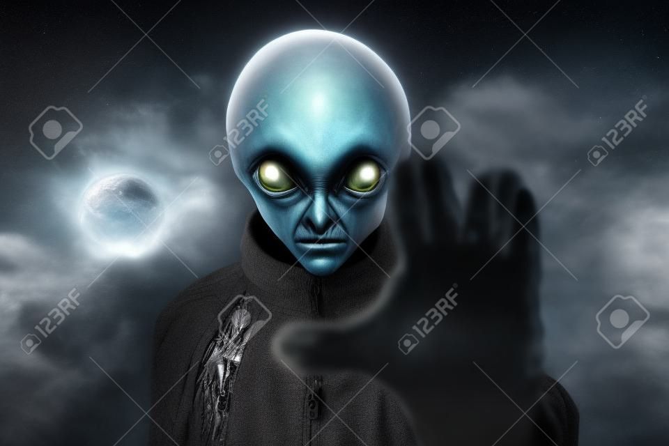 La criatura alienígena tiene un mensaje para los humanos. Humanoide tipo gris de otra serie de retratos de planetas.