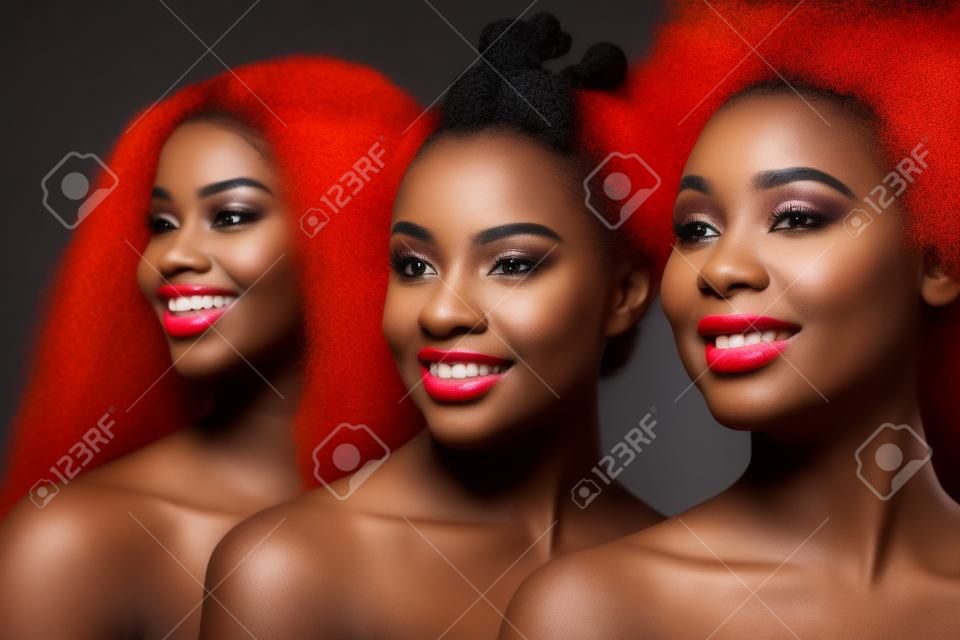 Beauty portrait of beautiful black women wearing lingerie underwear - Pretty african young women posing in studio, concepts about beauty, cosmetology and diversity