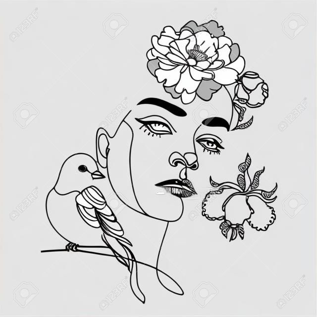 鳥と花で顔を描く女性の線。アートラインの花頭。ミニマリストの女性プリント。●イラストを描く黒と白の女の子の線。線ベクトル描画の花とかわいい女性の自然な顔。肖像画ミニマルなスタイル。植物プリント。
