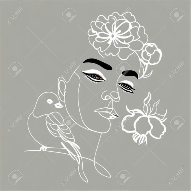Kobieta rysowanie linii twarz z ptakiem i kwiatami. Głowa kwiatu linii artystycznej. Minimalistyczny nadruk kobiety. Czarno-biała dziewczyna rysowanie linii illustrati. Ładna kobieta naturalna twarz z rysowania wektorowego linii flowersin. Portret w minimalistycznym stylu. Nadruk botaniczny.