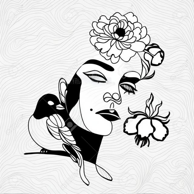 Kobieta rysowanie linii twarz z ptakiem i kwiatami. Głowa kwiatu linii artystycznej. Minimalistyczny nadruk kobiety. Czarno-biała dziewczyna rysowanie linii illustrati. Ładna kobieta naturalna twarz z rysowania wektorowego linii flowersin. Portret w minimalistycznym stylu. Nadruk botaniczny.