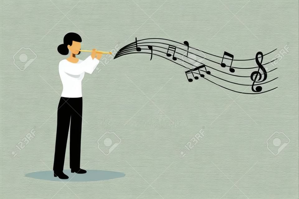 Biznesowy płaski rysunek styl rysunkowy muzyk grający na flecie flecista wykonujący muzykę klasyczną na instrumencie dętym solowy występ utalentowanej flecistki projekt graficzny ilustracja wektorowa