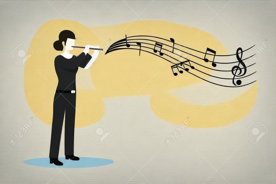 Business flat cartoon style drawing female musician playing flute. Flutist performing classical music on wind instrument. Solo performance of talented flautist. Graphic design vector illustration
