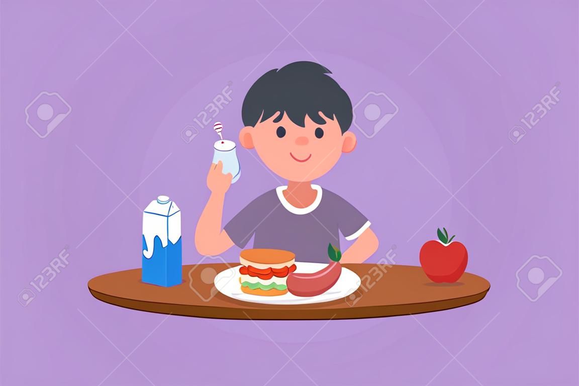 Diseño plano gráfico dibujo adorable niño comiendo comida saludable para el desayuno de la mañana los niños felices comen comida deliciosa con leche en casa niño de la escuela disfrutando de plato estilo de dibujos animados ilustración vectorial