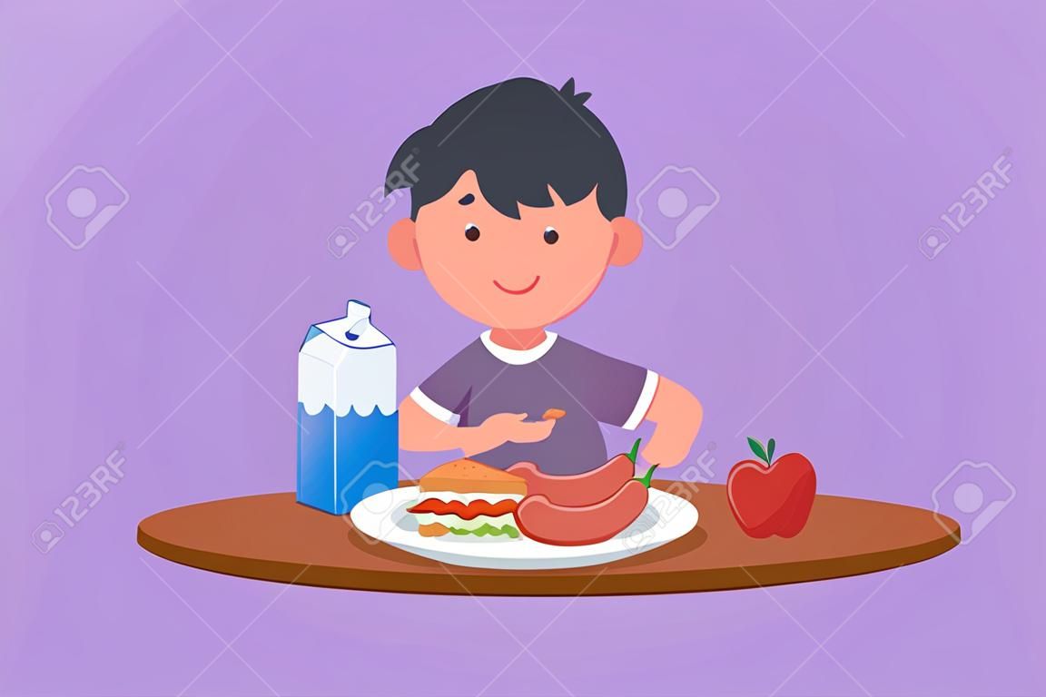 Graphic flat design drawing adorable little boy eating healthy morning breakfast food. Happy children eat delicious food with milk at home. School boy enjoying dish. Cartoon style vector illustration