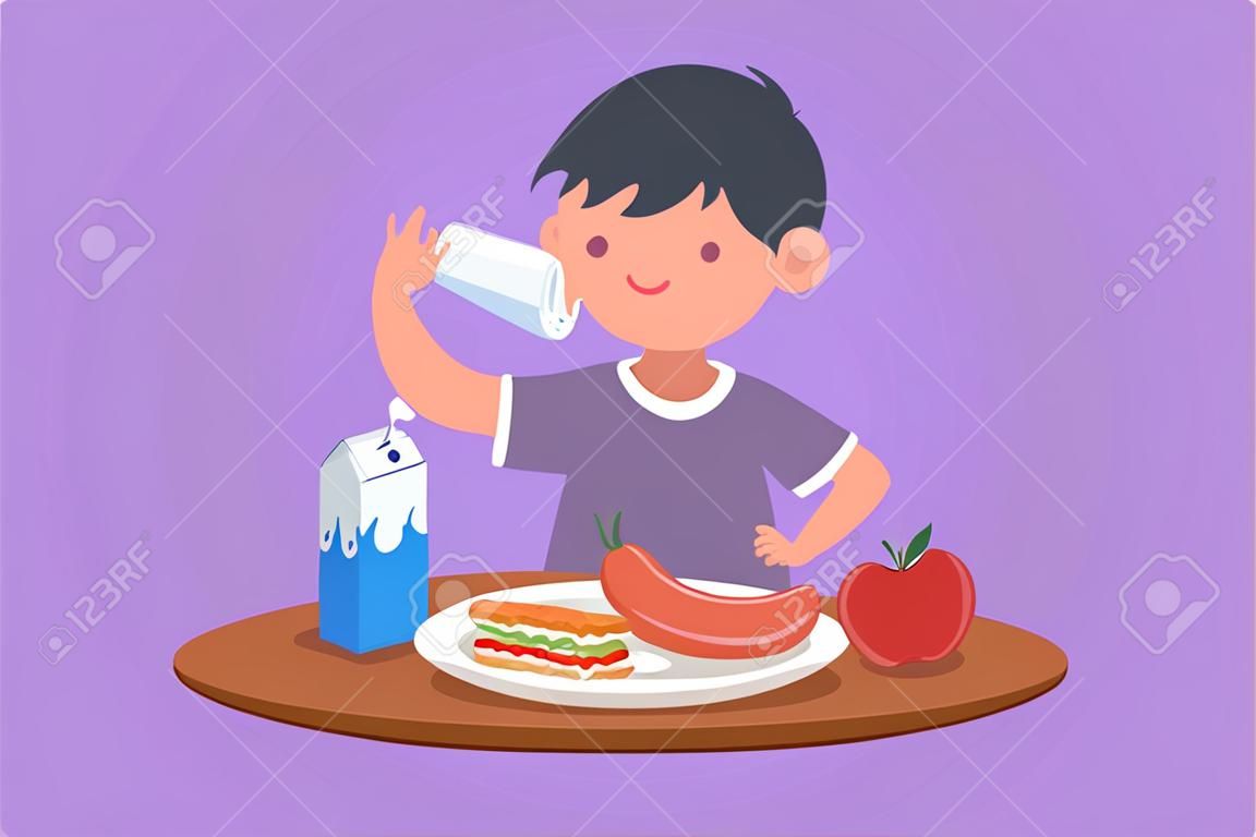 Grafisches flaches Design, das einen entzückenden kleinen Jungen zeichnet, der morgens ein gesundes Frühstücksessen isst. Glückliche Kinder essen zu Hause leckeres Essen mit Milch. Schuljunge genießt das Gericht im Cartoon-Stil, Vektorillustration