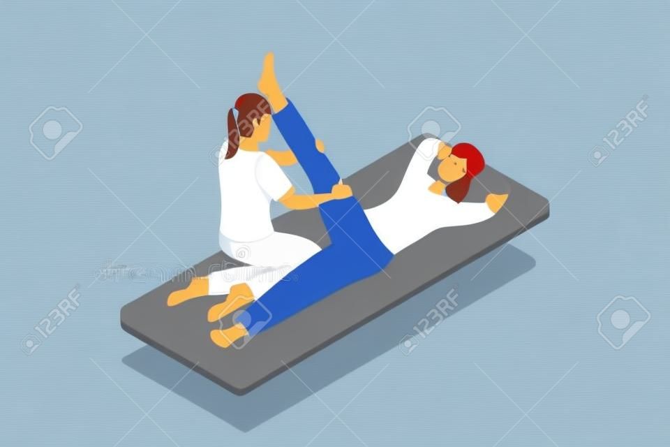 Dessin plat de caractère d'un centre de réadaptation ou d'un traitement médical massothérapie physiothérapeute féminine donnant un massage des jambes à une patiente allongée sur le sol dessin animé illustration vectorielle