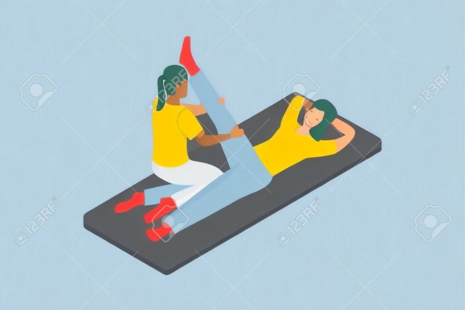 Charakterflache Zeichnung eines Rehabilitationszentrums oder einer medizinischen Behandlung, Massagetherapie, Physiotherapeutin, die einer auf dem Boden liegenden Patientin eine Beinmassage gibt, Cartoon-Design-Vektorillustration
