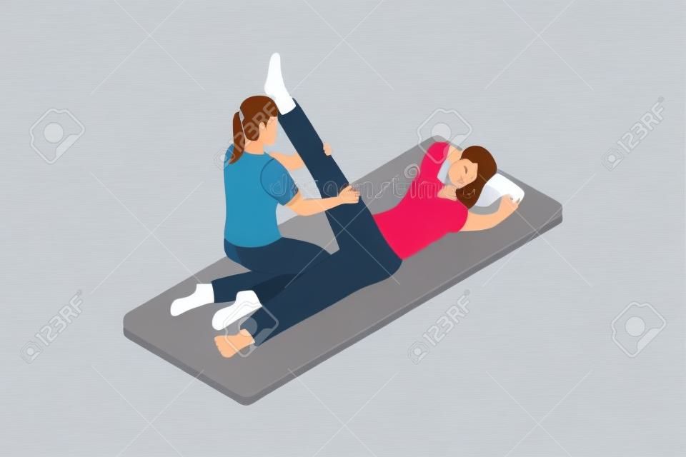 Płaski rysunek postaci centrum rehabilitacji lub terapii masażu leczniczego fizjoterapeutka wykonująca masaż nóg pacjentce leżącej na podłodze ilustracja kreskówka projekt wektor