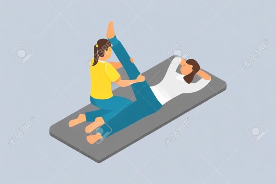 Płaski rysunek postaci centrum rehabilitacji lub terapii masażu leczniczego fizjoterapeutka wykonująca masaż nóg pacjentce leżącej na podłodze ilustracja kreskówka projekt wektor