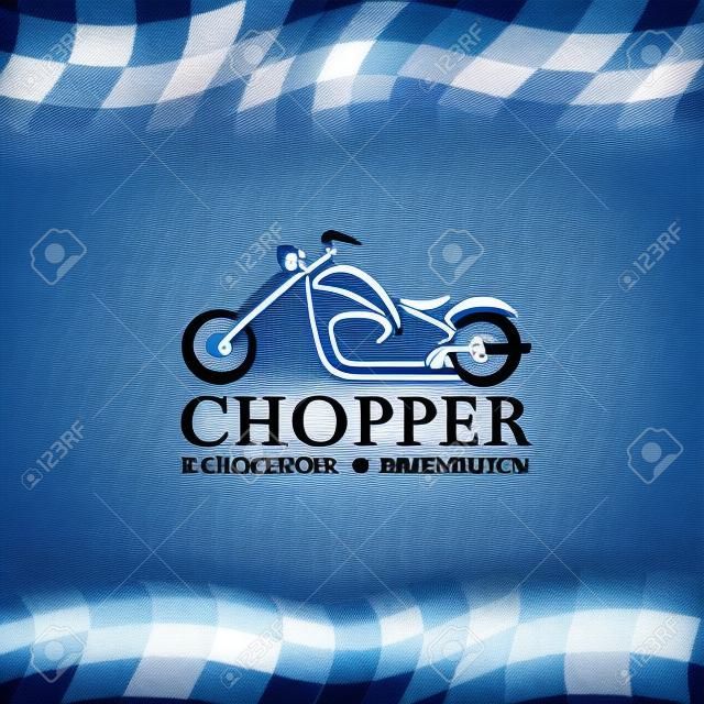 蓝色摩托车的象征和方格旗的背景