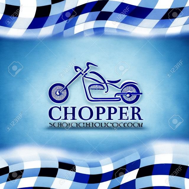 蓝色摩托车的象征和方格旗的背景