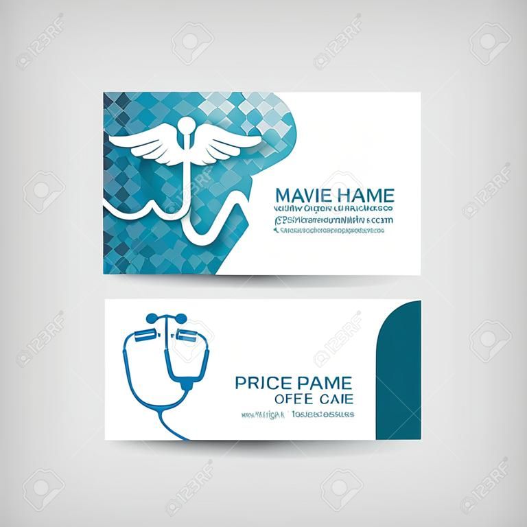 Biglietto da visita per l'assistenza sanitaria Medical - Whtie Caduceo, stetoscopio e Waves of the Heart sul morbido blu sfondo disegno vettoriale