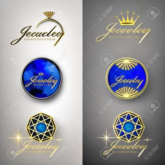 Jewelry ring logo. Jewelry crown logo. Jewelry flower and circle logo. Diamond Octagon logo. vector set and isolate on white and   dark blue background
