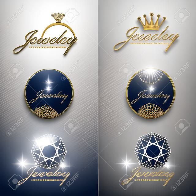 biżuteria pierścienia logo. Biżuteria korony logo. kwiat Biżuteria i koło logo. Diament Octagon logo. vector set i izolować na białym i ciemnym niebieskim tle