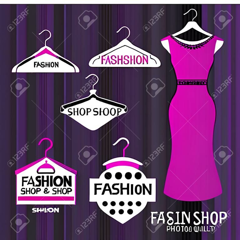 Moda sklep logo - Violet Wieszak ubraniowy zestaw vector design