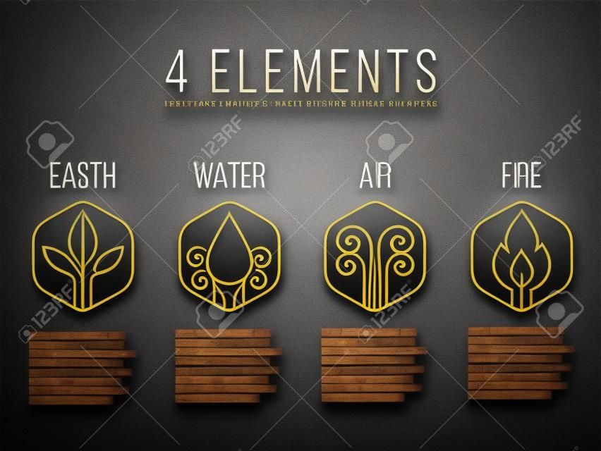 Nature 4 elements circle logo sign. Water, Fire, Earth, Air. on hexagon