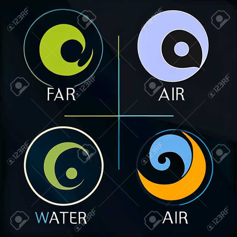 Nature 4 Elemente Kreis-Symbol-Zeichen. Wasser, Feuer, Erde, Luft. auf dunklem Hintergrund.