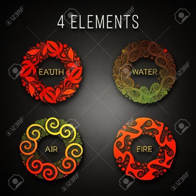 Nature 4 elements circle abstract sign. Water, Fire, Earth, Air. on dark background.