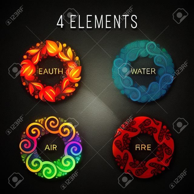 Natureza 4 elementos círculo sinal abstrato. Água, Fogo, Terra, Ar. no fundo escuro.
