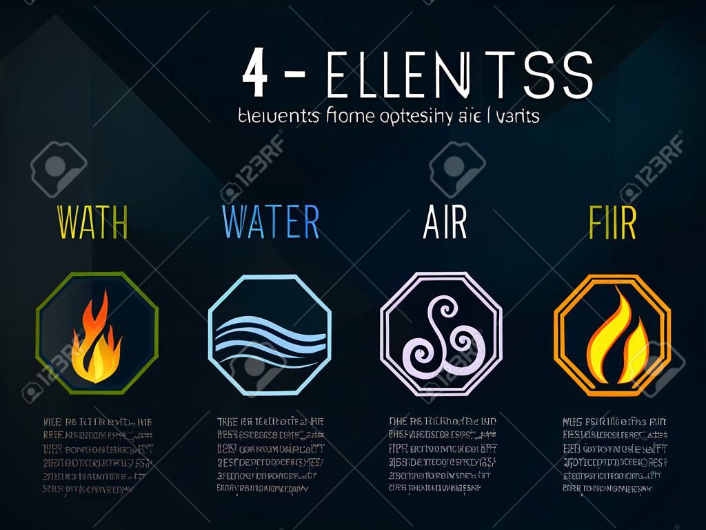 Nature 4 elements in octagon icon border sign. Water, Fire, Earth, Air. on dark background.