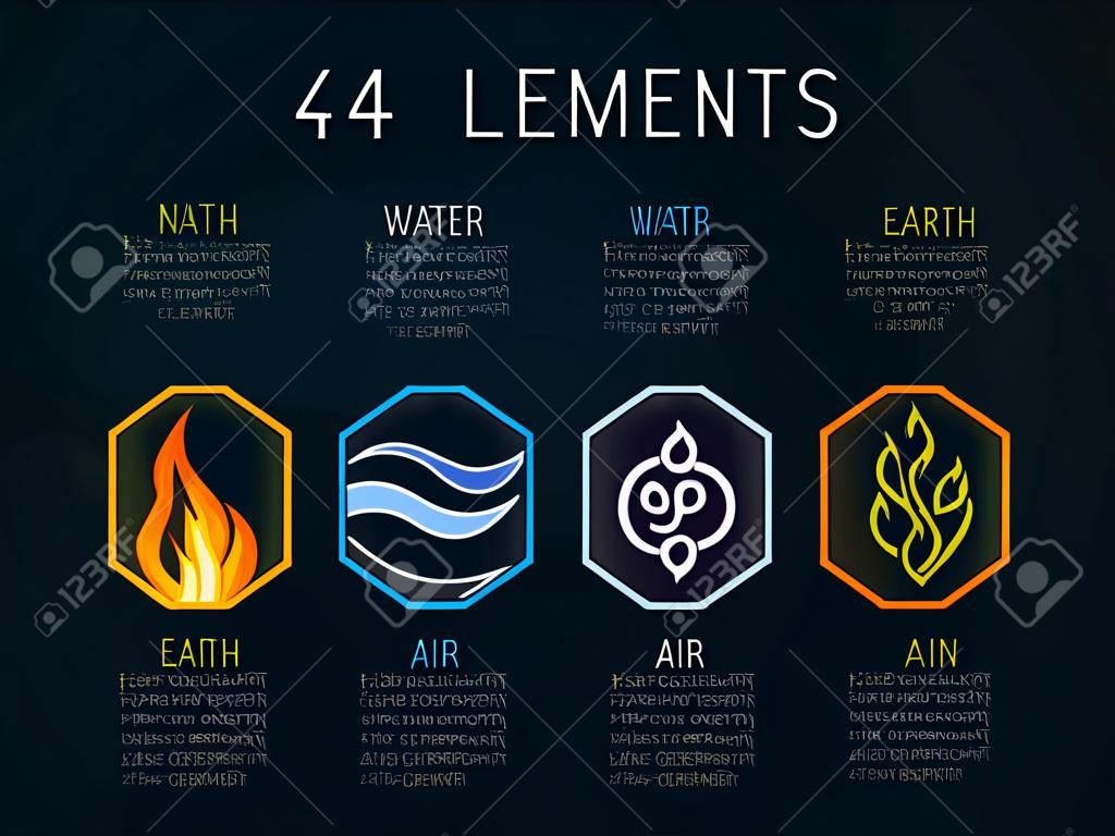 Nature 4 elements in octagon icon border sign. Water, Fire, Earth, Air. on dark background.