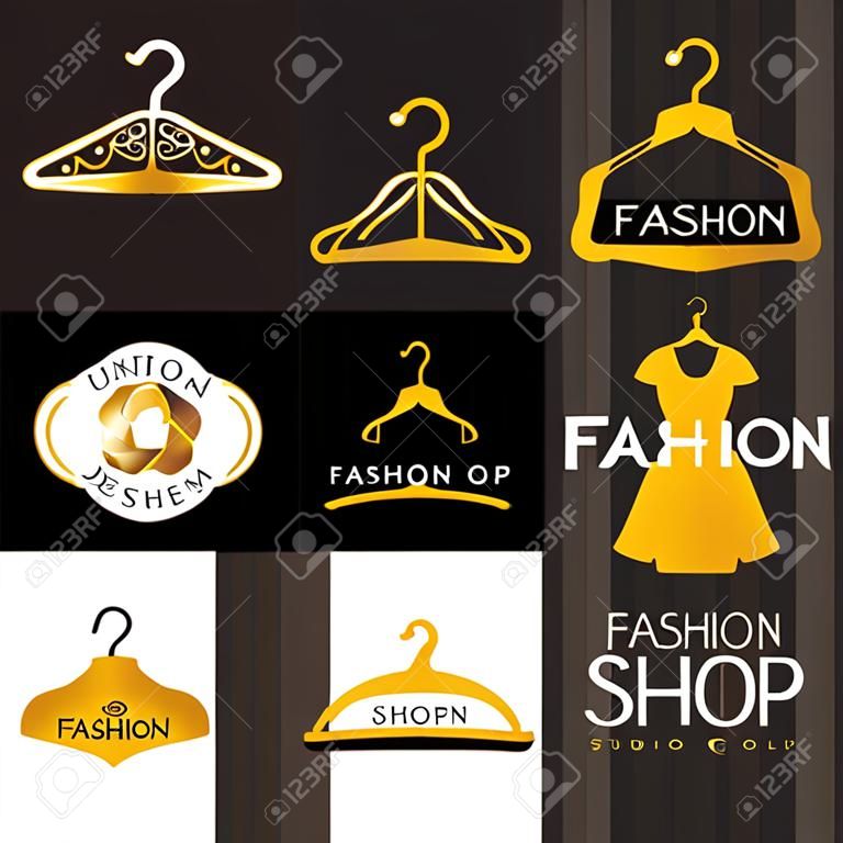 时装店标志-黄金冬礼服和衣架标识矢量设置设计