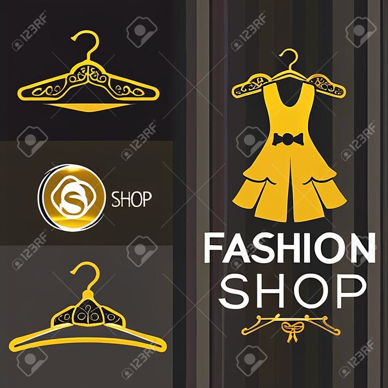 Moda sklep logo - złota sukienka zimowa i wieszak ubrania logo wektor zestawu projektowania