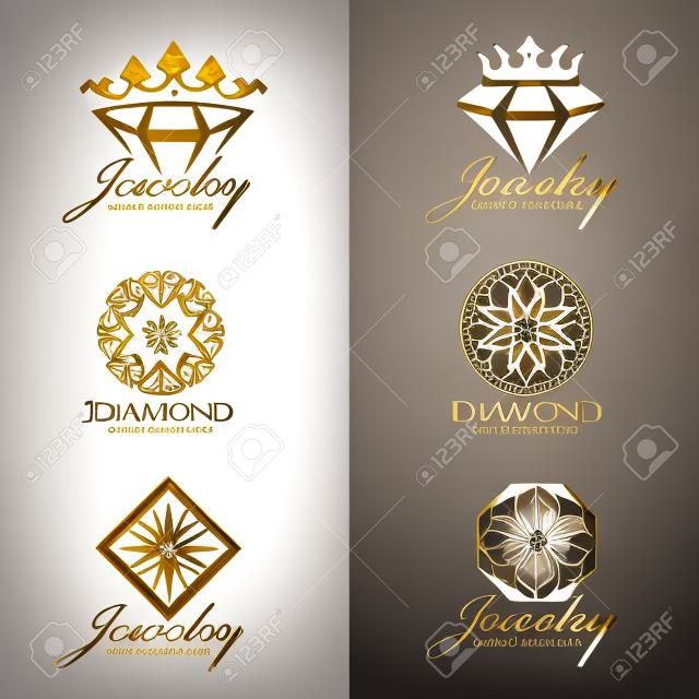 Biżuteria logo (Korona Diament i kwiat) vector set i izolować na białym tle zestaw vector design