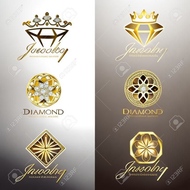 Sieraden logo (Crown Diamond en bloem) vector set en isoleren op witte achtergrond vector set ontwerp