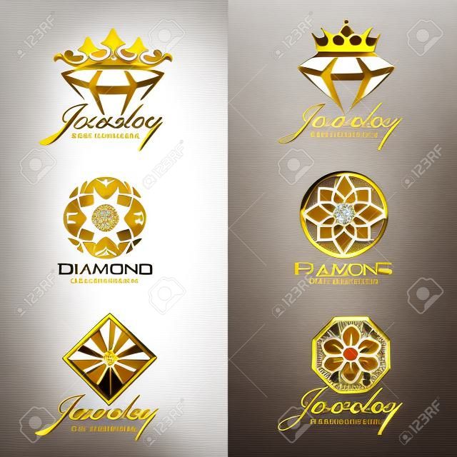 Biżuteria logo (Korona Diament i kwiat) vector set i izolować na białym tle zestaw vector design