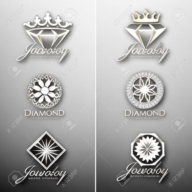 Schmuck-Logo (Kronen-Diamant und Blume) Vektor-Set und isolieren, auf weißen Hintergrund Vektor-Set Design