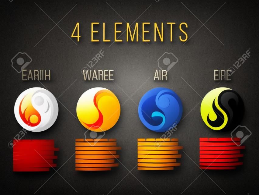 Nature 4 elements in circle yin yang abstract icon sign. Water, Fire, Earth, Air. on dark background.