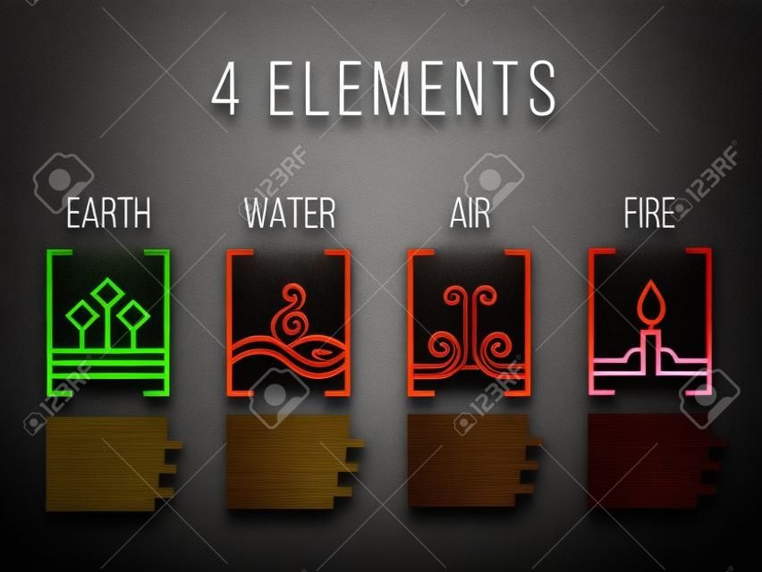 자연 4 개 요소 라인 국경 추상 그라데이션 아이콘 기호. 물, 불, 흙, 공기. 어두운 배경에.
