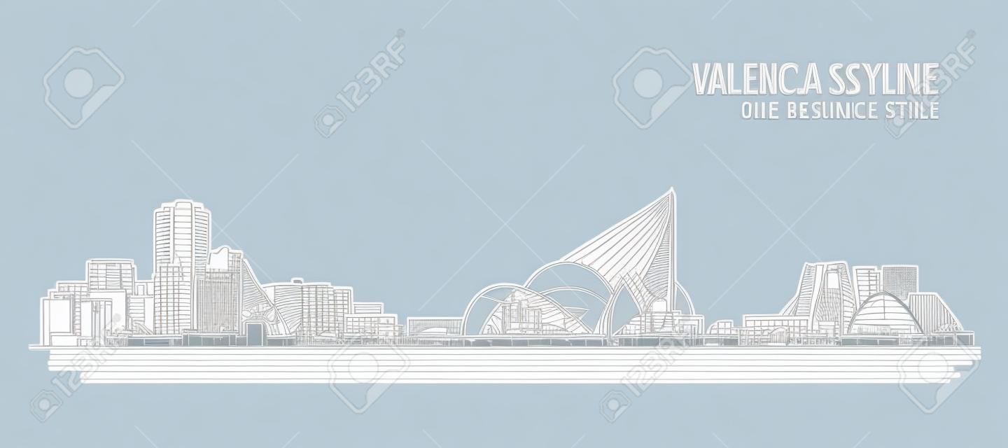 Arte da linha de construção da paisagem urbana Vector Design de ilustração - horizonte de Valência