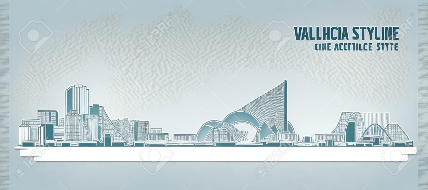 Arte da linha de construção da paisagem urbana Vector Design de ilustração - horizonte de Valência