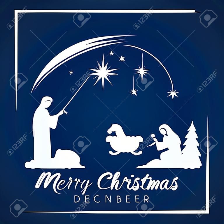 Boldog karácsonyt transzparens jele éjszakai karácsonyi díszekkel, mary és joseph jászolban, Jézus baba és meteor a kék háttér vector design