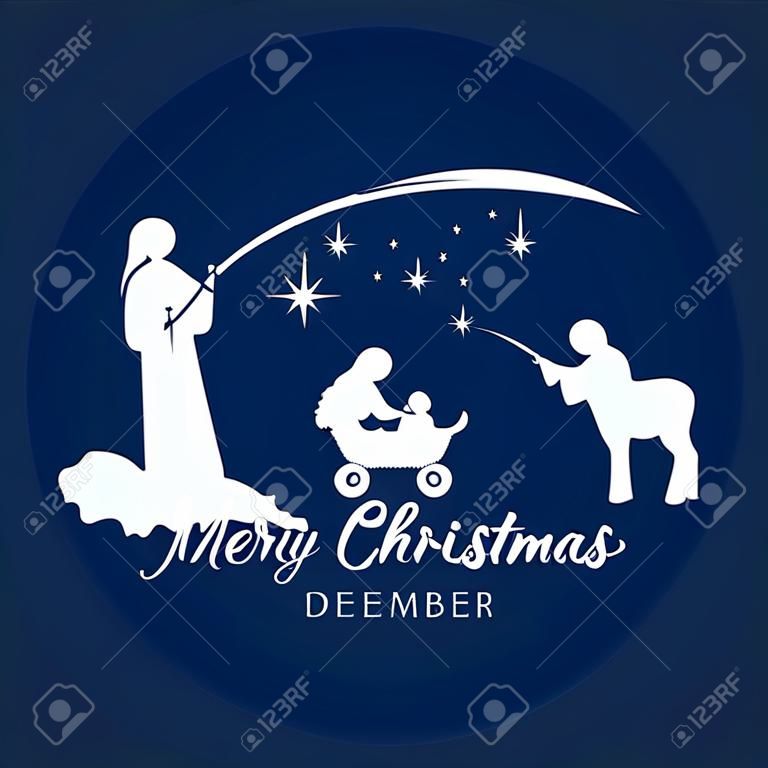 快乐圣诞节横幅标志与夜间圣诞节风景玛丽和约瑟夫在马槽里与婴儿耶稣和流星在蓝色背景矢量设计