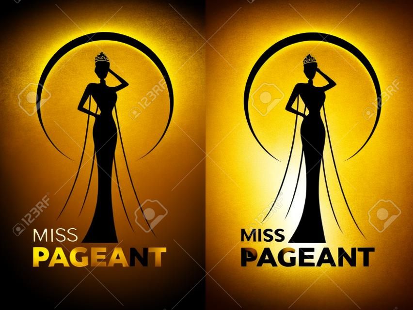 Miss dame verkiezing logo teken met gouden en zwarte vrouw dragen Crown in cirkel ring vector ontwerp