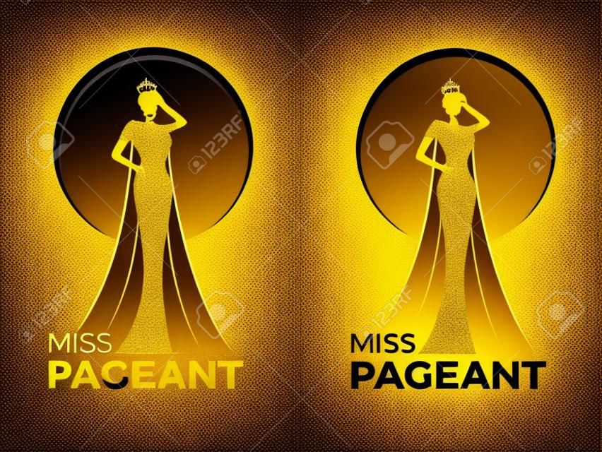 Miss lady pageant logo segno con oro e donna nera indossa corona nel disegno vettoriale di cerchio anello