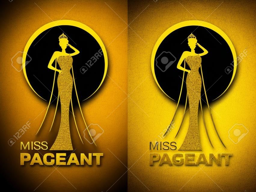 Miss lady pageant logo segno con oro e donna nera indossa corona nel disegno vettoriale di cerchio anello