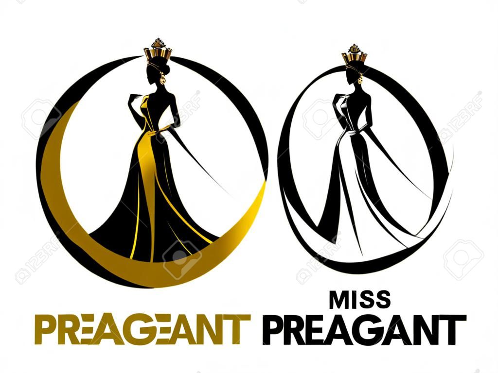 Sinal do logotipo do concurso da senhora com o ouro e o desgaste preto da mulher Coroa no projeto do vetor do anel do círculo