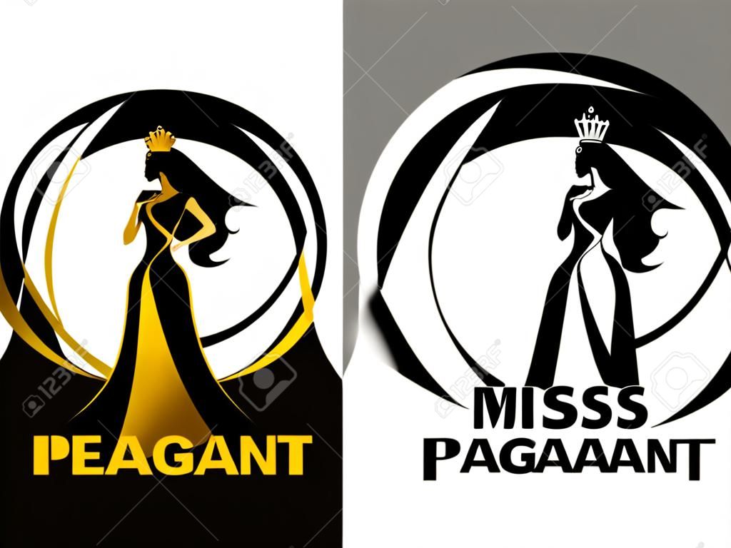 Miss lady versenye logó jel arany és fekete nő visel koronát a kör gyűrűs vektor tervezés