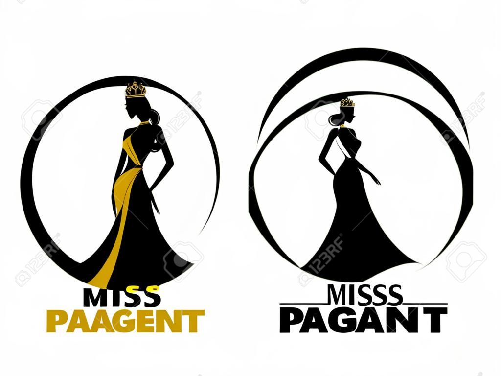 Miss dame verkiezing logo teken met gouden en zwarte vrouw dragen Crown in cirkel ring vector ontwerp