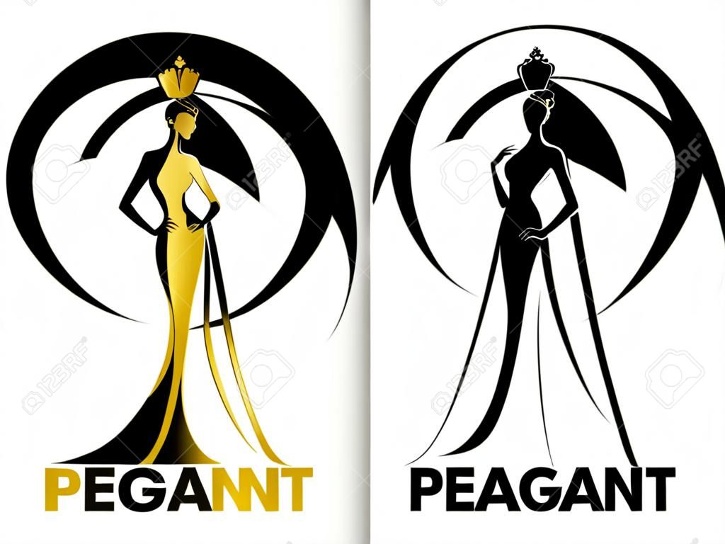 Miss lady versenye logó jel arany és fekete nő visel koronát a kör gyűrűs vektor tervezés