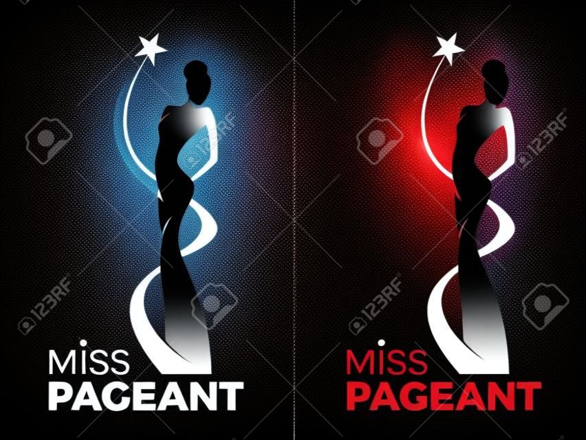 Il segno di Miss Lady Pageant con la regina indossa l'abito da sera e la stella intorno al disegno vettoriale di Lady Queen