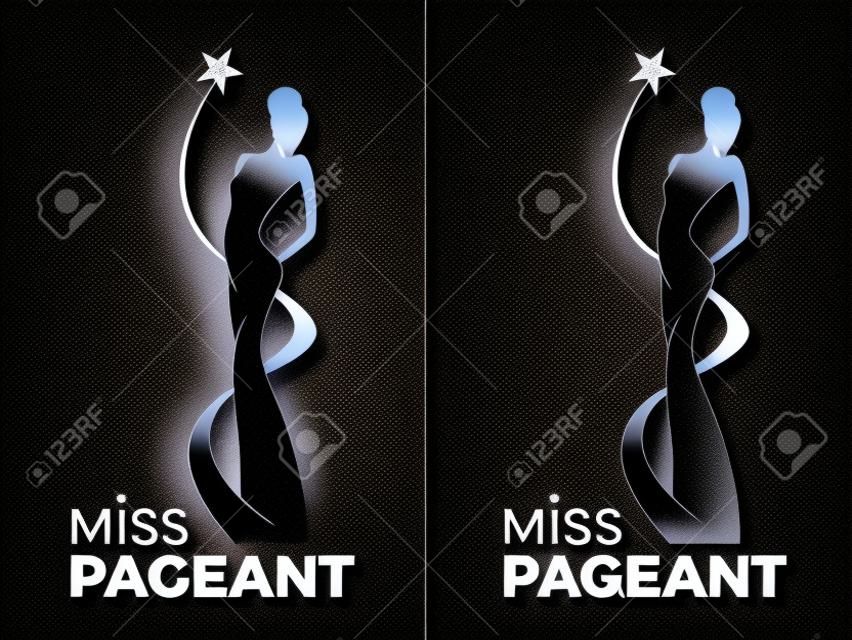 Miss dame verkiezing teken met koningin draagt avondjurk en ster rond dame koningin vector ontwerp